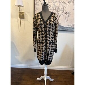 OLIVE + OAK Black Beige Houndstooth Knit Cardigan Sweater V-Neck Dress